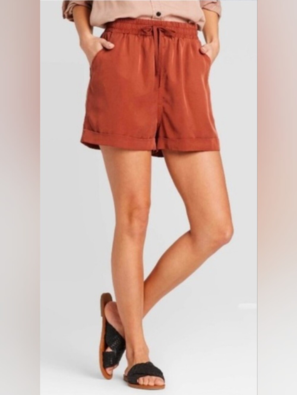 Set Of 2  Elastic-Waist Shorts Olive & Rust XS